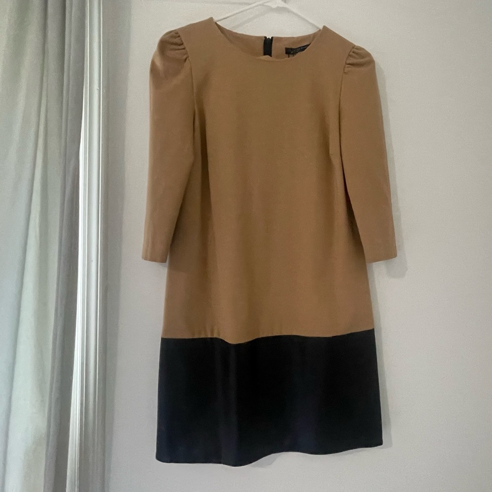 Zara Tan Wool and black Leather dress. - Picture 2 of 7